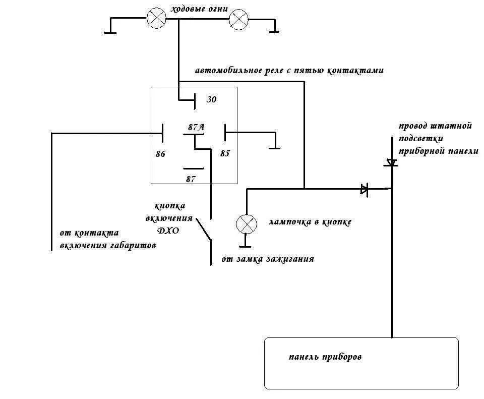 Как подключить реле дхо. Схему подключения ходовых огней через реле с генератора. Схема подключения ходовых огней через реле схема. Схема подключения реле противотуманных фар 5 контактное. Схема подключения ходовых огней через реле автомобиля.