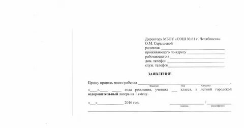 Заявление в лагерь дневного пребывания