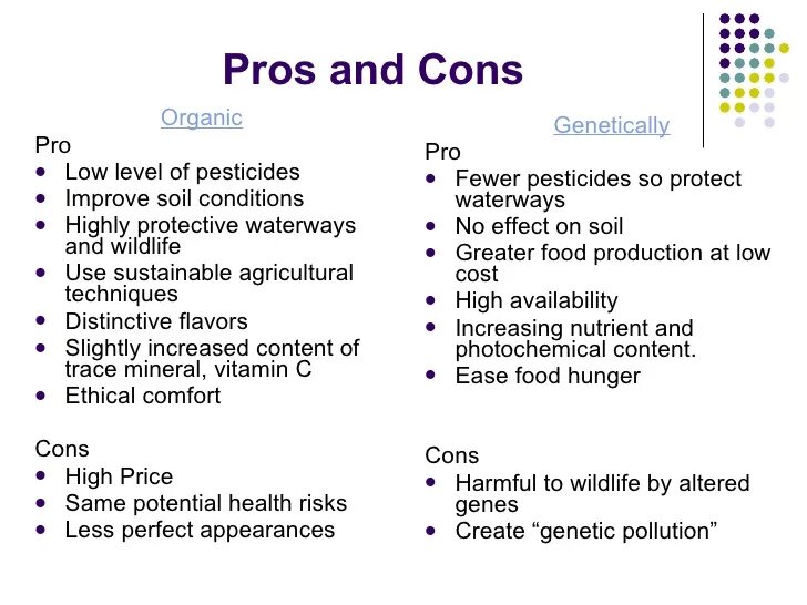 More pros than cons. GMO Pros and cons. Genetically modified food Pros and cons. GM food Pros and cons. Healthy food Pros and cons.