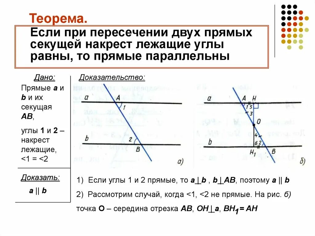 Теоремы равенства параллельных прямых. Доказательство теоремы параллельности прямых накрест лежащие. если при пересечении 2 прямых секущей накрест лежащие углы. прямых секущей накрест лежащие углы равны то прямые параллельны. если при пересечении двух прямых пересечены секущей.