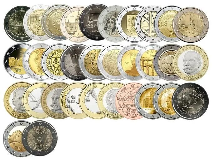 Сколько монет евро. Монеты Биметалл евро юбилейные. 2евростори 2 евро юбилейные. Юбилейные 2 евро Монетка. Юбилейные монеты 2 евро Франции.