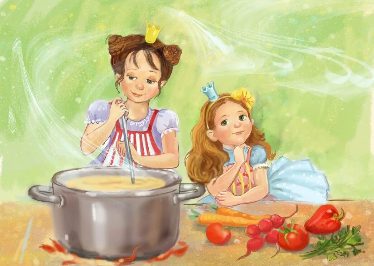 Мамы в первый месяц суп. Готовка иллюстрация. Девочка готовит. Иллюстрации приготовления пищи. Готовка на кухне рисунок.