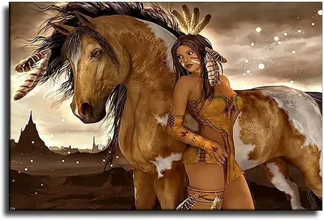 LIUXYU Native American Beauty Posters Indian Girl and Horse Canvas Art Prin...