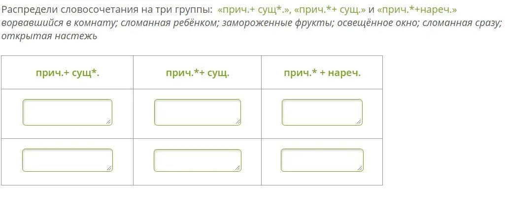 Распредели словосочетания на 3 группы. Распределите словосочетания на две группы прич сущ прич сущ. Распределите словосочетания на две группы. Словосочетания существительные плюс Причастие. Распредели данные слова по трем группам