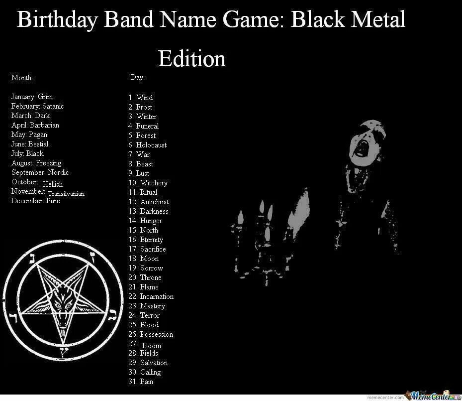 Band names. Генератор Блэк метал названий. Black Metal Band name Generator. Генератор названий для группы Блэк металла. Имена Блэк Металлистов  Black Metal.