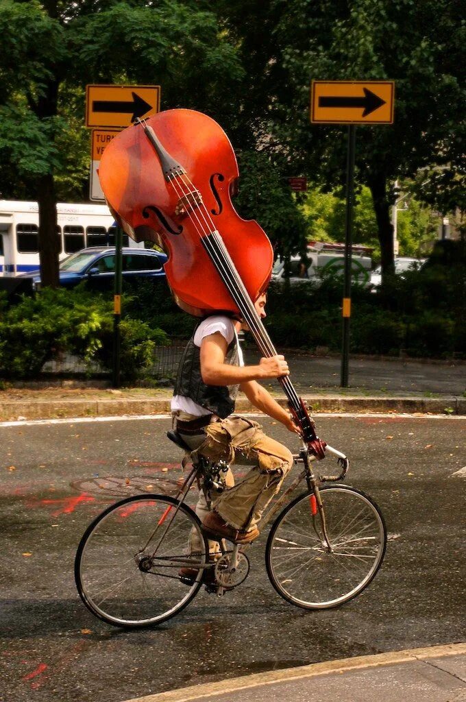 Bike музыка. Забавные музыканты. Музыканты на велосипеде. Смешные инструменты. Контрабас юмор.