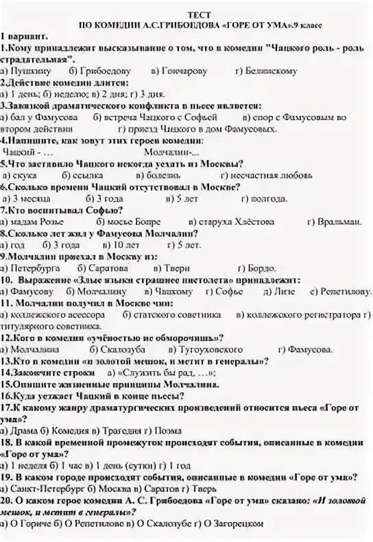 Тест горе от ума