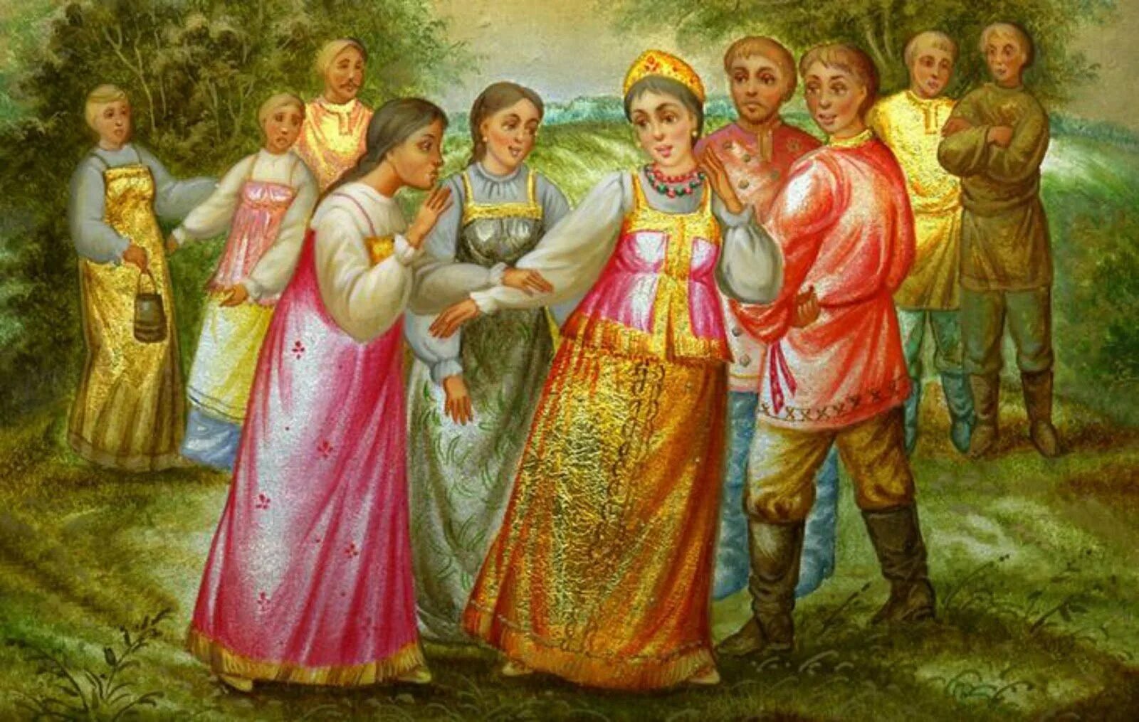 Русские народные картинки. Федоскино хоровод народный. Федоскинская лаковая миниатюра хоровод. Федоскино художник Антонов хоровод. У колодца Федоскинская миниатюра.