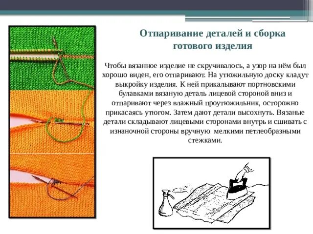 Как отпарить вязаную деталь изделия. Отпаривание деталей и сборка готового изделия. как отпарить вязаное изделие. чтобы вязаное изделие не скручивалось.