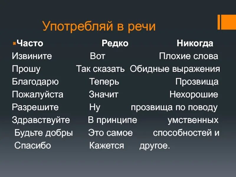 Какие плохие слова. Таблица употребляем в речь редко часто никогда. Но часто речи. Часто редко.