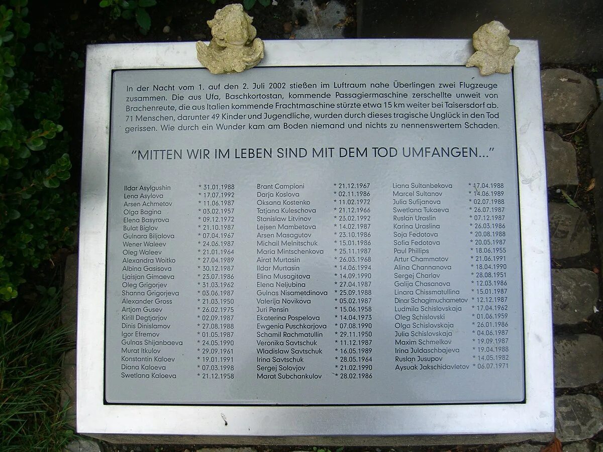 1 июля 2002 г. Мемориал катастрофа над Боденским озером в 2002. Катастрофа над Боденским озером в 2002 список погибших. Мемориал погибшим над Боденским озером.