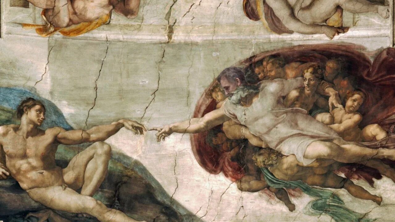 Микеланджело Сотворение Адама. Люцифер Michelangelo. Бог касается пальцем. Тело возрождение