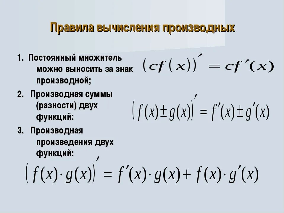 Формула для производной отношения двух функций. Правило вычисления производной формулы. Формула вычисления производной функции. Производная выражения умноженного на постоянный множитель.