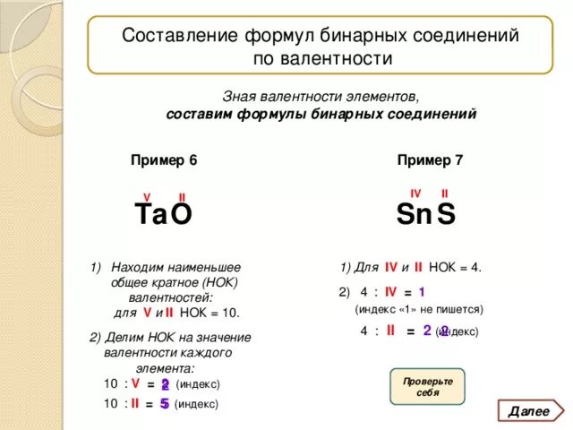 Валентность формулы бинарных соединений