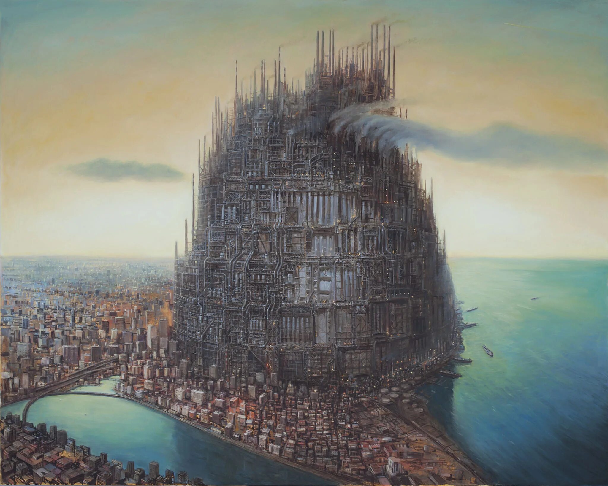 Каждый год огромные пространства основная мысль. Вавилонская башня ГОРГОРОД. Michael Kerbow картины. Вавилонская башня футуризм. Антиутопия.