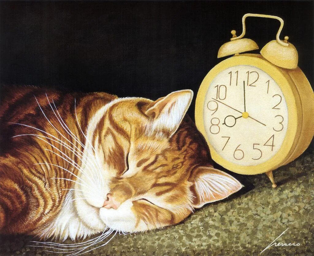 Лоуэлл Эрреро коты. Котик с часами. Кот будильник. Будильник живопись.