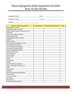 Heavy Equipment Daily Inspection Checklist Template Prior to Use on.