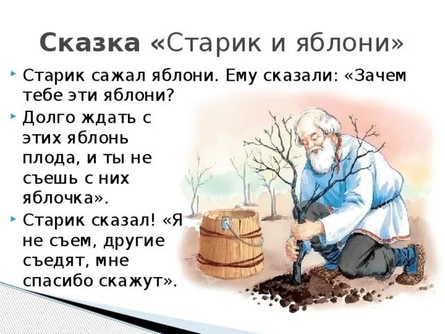 Читать рассказ старик. Лев Николаевич толстой старик и яблони. «Старик и яблони» л. толстой. Рассказ Толстого старик сажал яблони. Басня л.н.Толстого старик и яблони.