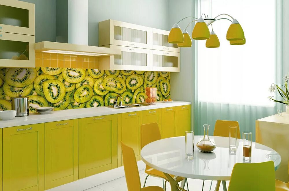 Фруктовая кухня. Фартук кухонный пластиковый. Кухня с желтым фартуком. Стеновые панели для кухни желтые. Фартук для оливковой кухни.
