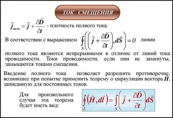 Составляющие полного тока. Ток смещения формула. плотность тока смещения в диэлектриках. математическая запись закона полного тока. ток смещения для ел 34.