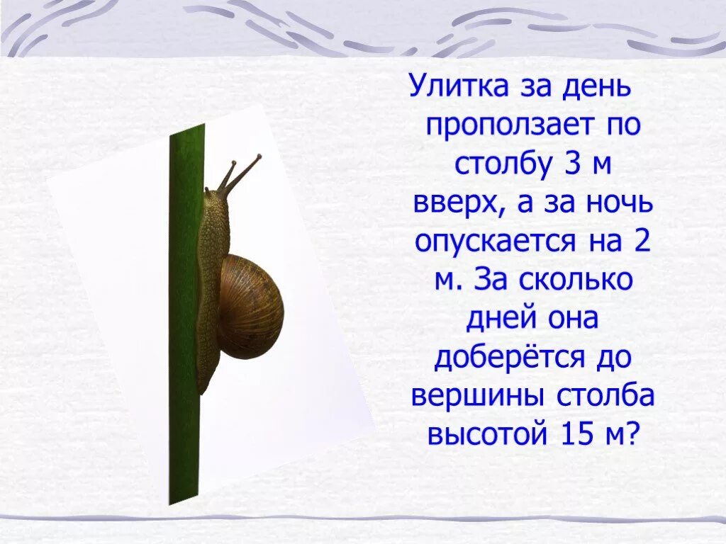 Задача про улитку и столб. Улитка ползет вверх. Улитка за день поднимается вверх по столбу. Улитка ползет по столбу. Улитка ползет по столбу 10 м