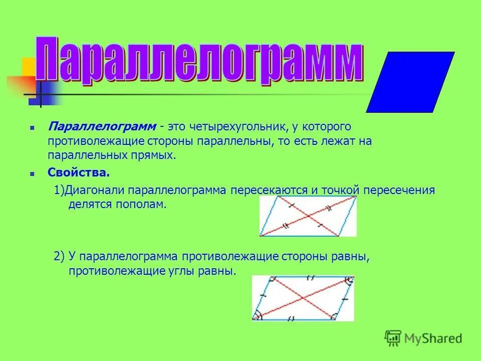 Диагонали параллелограмма точкой их пересечения делятся пополам