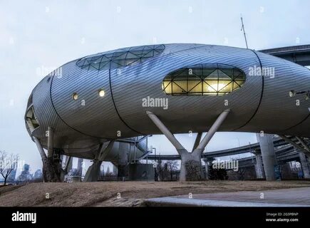 Four benches in a park in front of Gwangjin-gu Office in Seoul, Korea Stock...