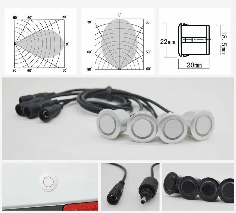 Ультразвуковые датчики парктроник. Парктроник с шестью датчиками. Датчик парктроника угол обзора.