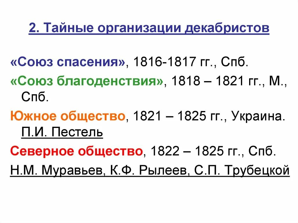 Названия тайных организаций. Союз спасения 1816-1818. Декабристские организации 1821 1825гг.