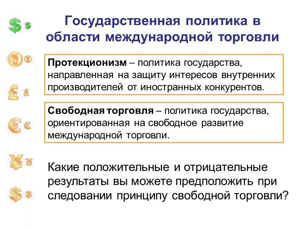 Государственная политика в международной торговле Обществознание. Сущность государственной политики в области торговли. Международная торговая политика протекционизм. Государственная политика в области международной торговли.