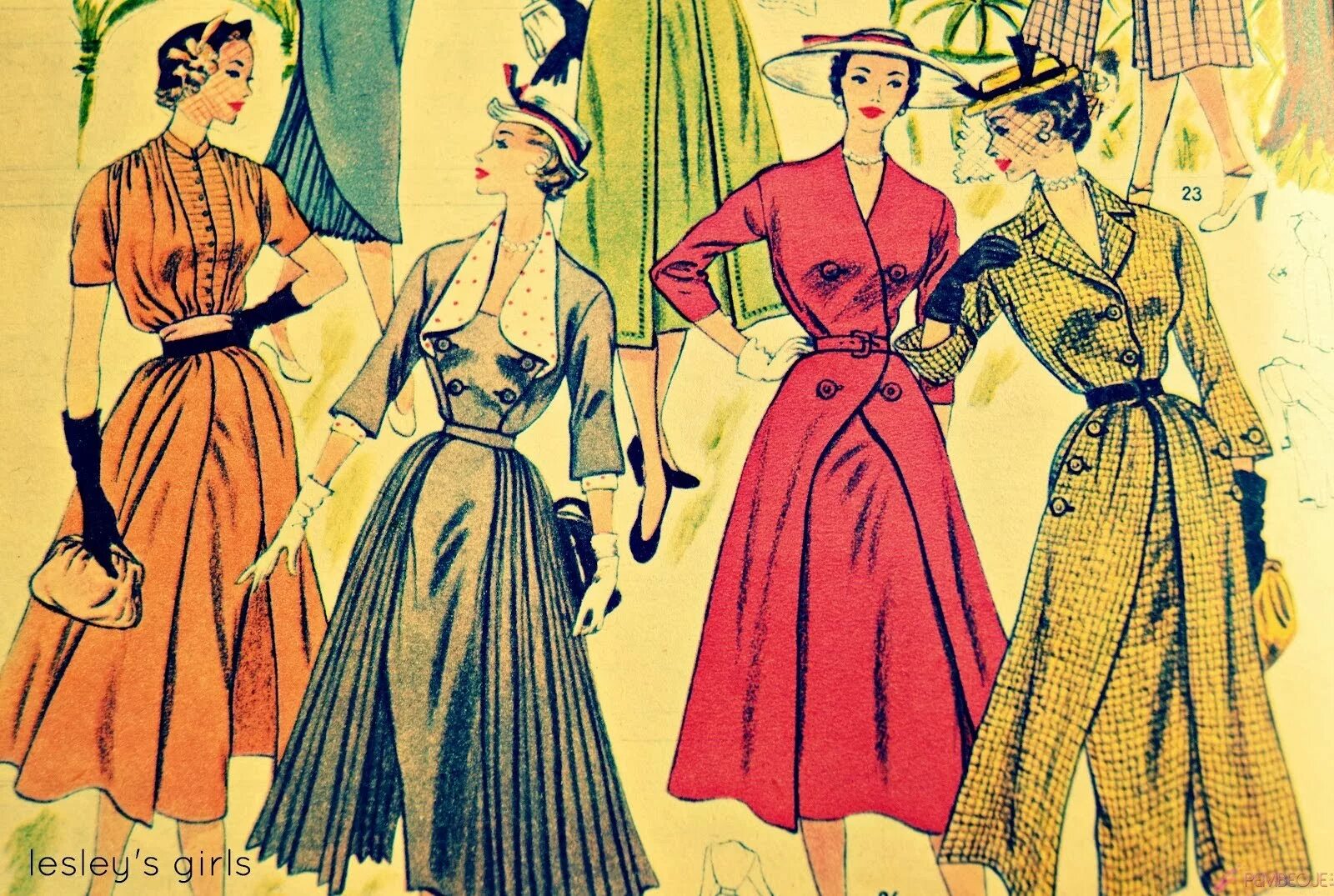 Кокет стиль. Винтажная мода. Нью-лук стиль в одежде. Нью-лук иллюстрации. Мода 1950.