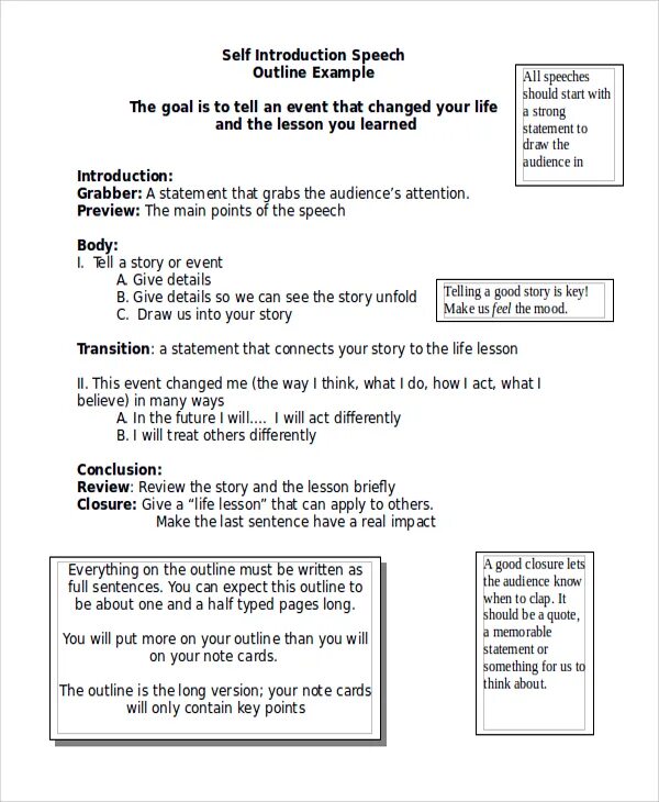 Make an outline. Speech outline. Self Introduction example. Speech example. Example of Speech outline.