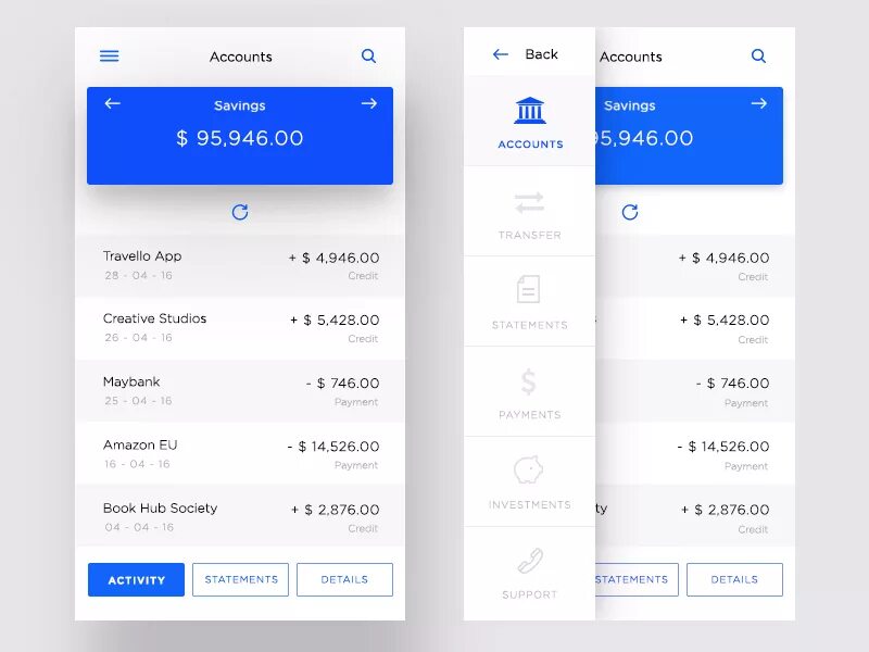 Меню мобильного приложения. Меню для мобильного приложения ux ui. счет ui. меню ui моб. danske bank a/s интерфейс приложения.