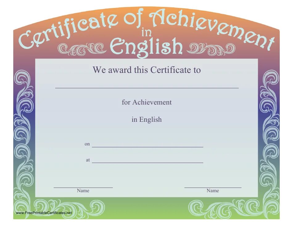 Грамота по английскому языку для детей. Макет сертификата Certificate of achievement.