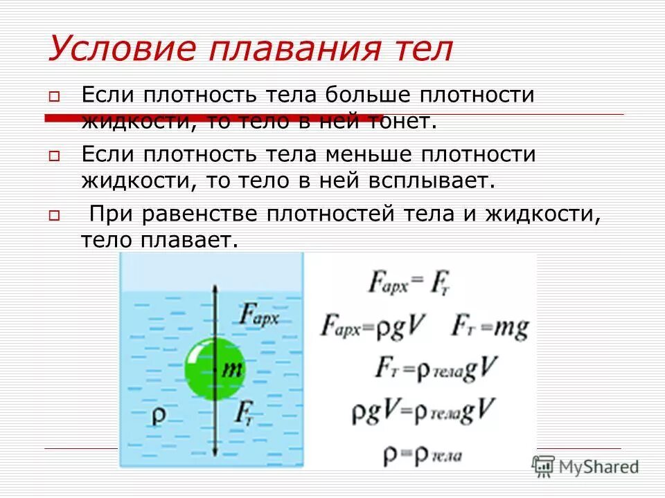 Вес тела плотностью погруженного в воду. Отношение плотности тела к плотности жидкости. Если плотность меньше то тело всплывает.