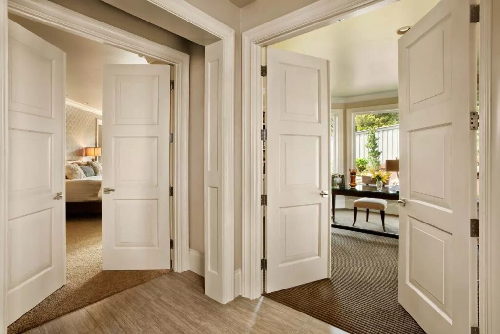 Двери в квартиру пример 1 Wood Trim, white door, black fixtures. Dark wood trim, Farmhouse trim, Stained t