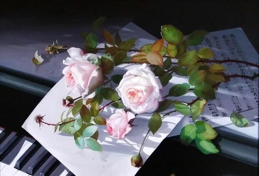 Поющие цветы музыка. Гитара и букет цветов. Красивый фон с нотами. Клавиши и розы. Поющие цветы музыка.