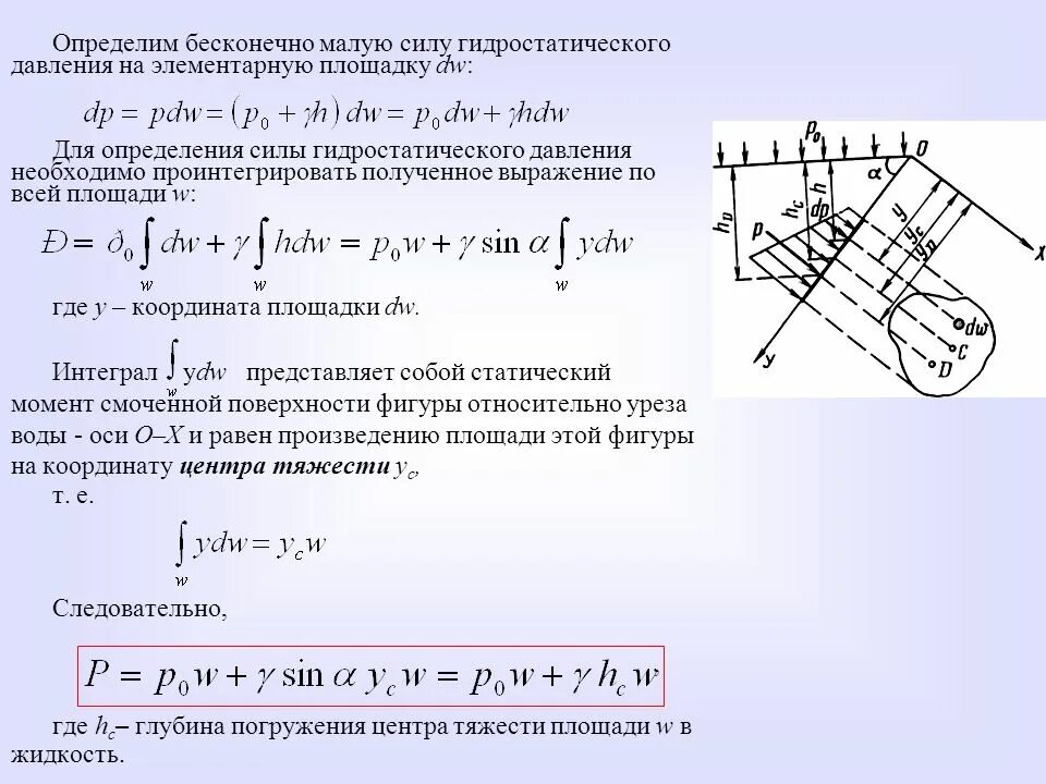 Определить центр давления. Формула силы гидростатического давления жидкости. сила гидростатического давления на плоские поверхности. ила гидростатического давления. сила гидростатического давления жидкости на плоскую поверхность.