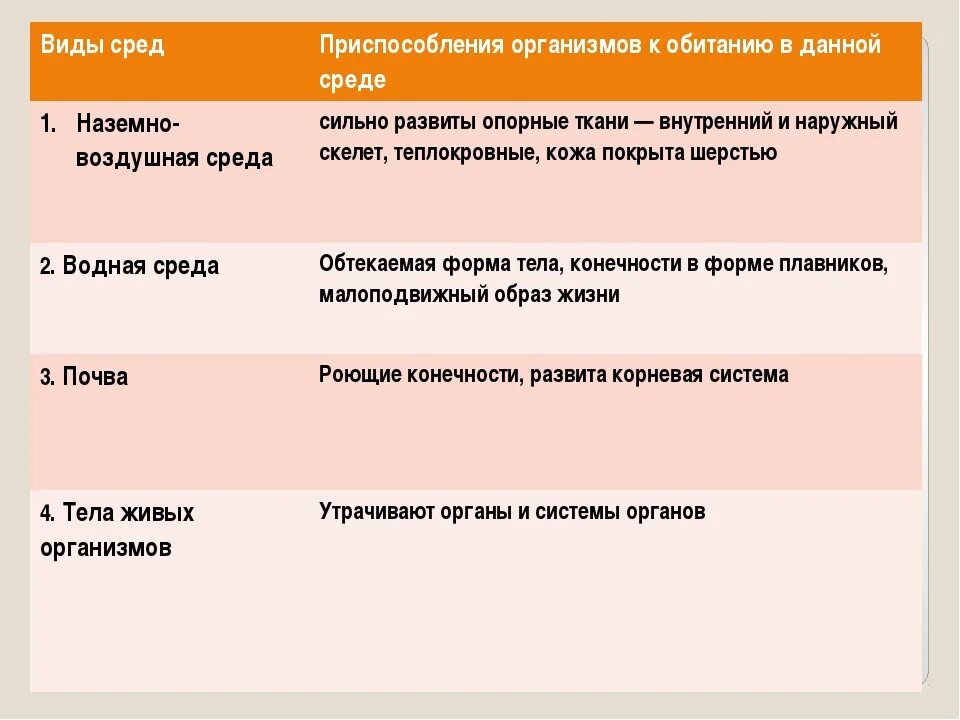 Выявите черты приспособленности к среде обитания