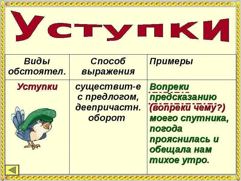 Уступки примеры. Предлоги уступки примеры. Вопреки оборот. Обстоятельство уступки примеры. Пример с предлогом вопреки