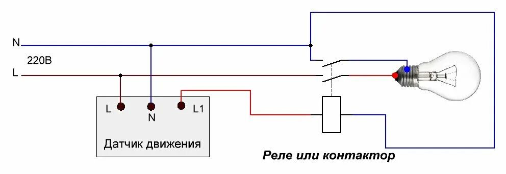 Датчик движения функции. Схема подключения датчика движения через контактор. Схема подключения светильников через контактор. Подключение датчика движения через пускатель. Схема подключения освещения через датчик освещенности и контактор.