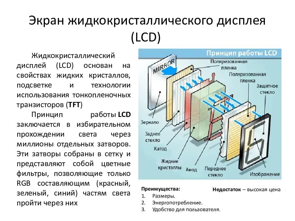 Принцип действия LCD мониторов. ЖК (LCD) - жидкокристаллические мониторы (Liquid Crystal display).. Принцип работы LCD монитора. Строение LCD жидкокристаллического монитора. Экранные устройства