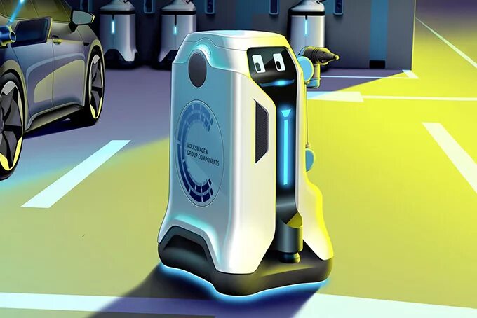 Volkswagen робот. Робот заправщик. Робот для зарядки электромобилей. VW Charging Robot.