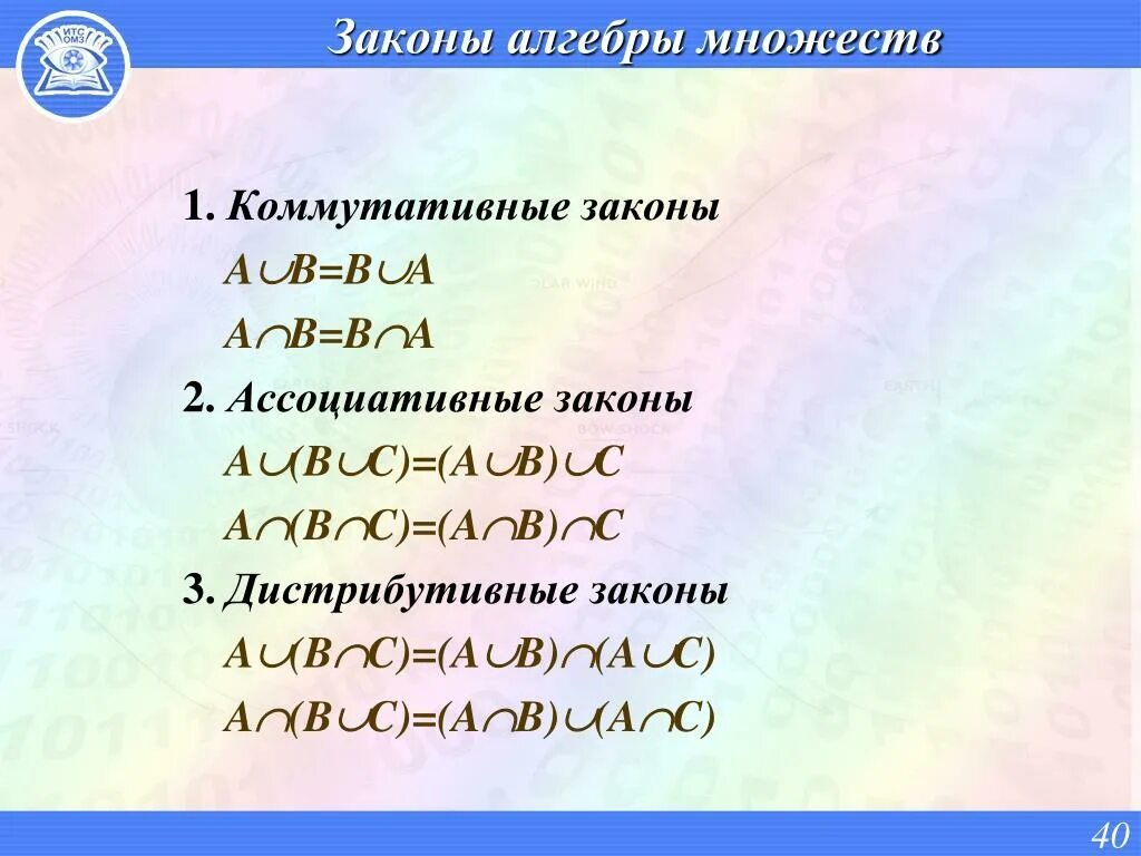 Законы алгебры множеств. Формулы алгебры множеств. Тождества алгебры множеств. Алгебра теория множеств.