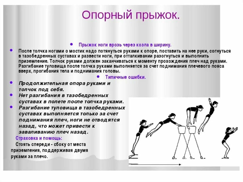 Какие фазы опорного прыжка. Техника опорного прыжка через козла кратко. реферат по физкультуре 5 класс опорные прыжки через козла. техника опорного прыжка через козла ноги врозь 6 класс. техника опорного прыжка через гимнастического козла.