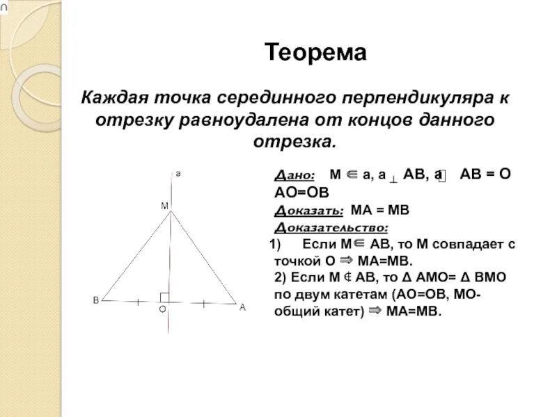 Каждая точка равноудаленная от концов. Теорема о свойстве серединного перпендикуляра доказательство. Теорема о серединном перпендикуляре к отрезку. Телрема об серединном перепендиулчре. Свойство серединного перпендикуляра к отрезку доказательство.
