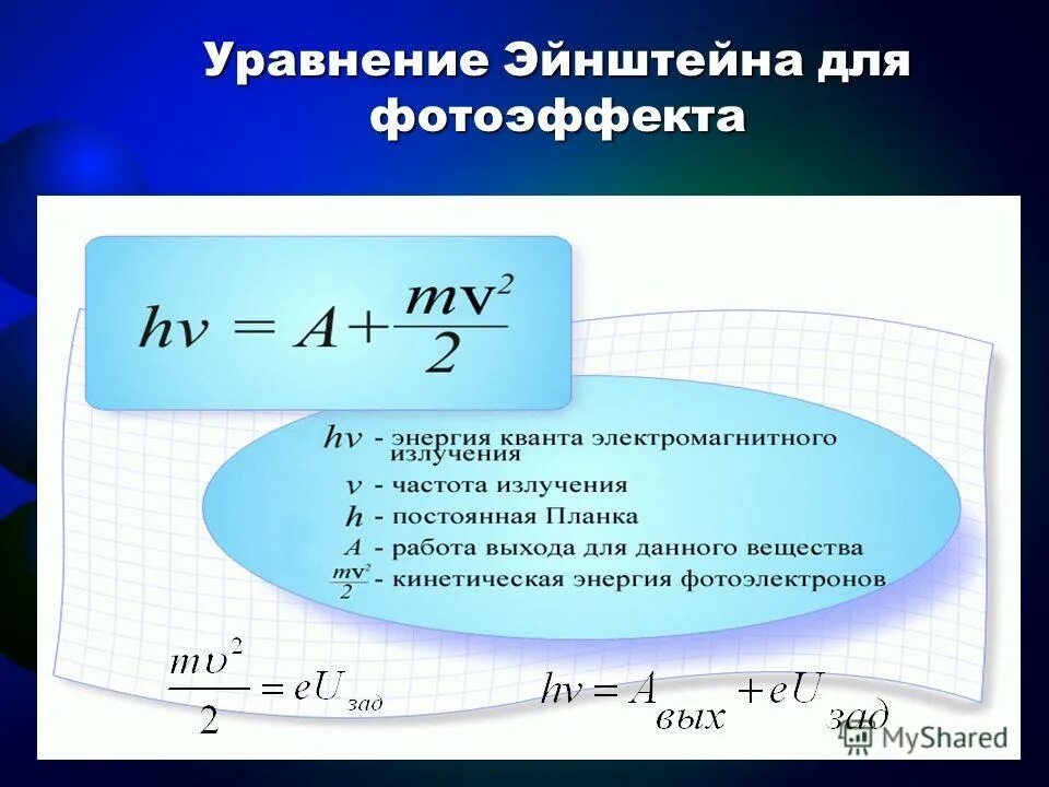 Уравнение Эйнштейна для фотоэффек. Уравнение Эйнштейна для внешнего фотоэффекта. Внешний фотоэффект уравнение Эйнштейна для фотоэффекта. Уравнение эффекта для фотоэффекта.