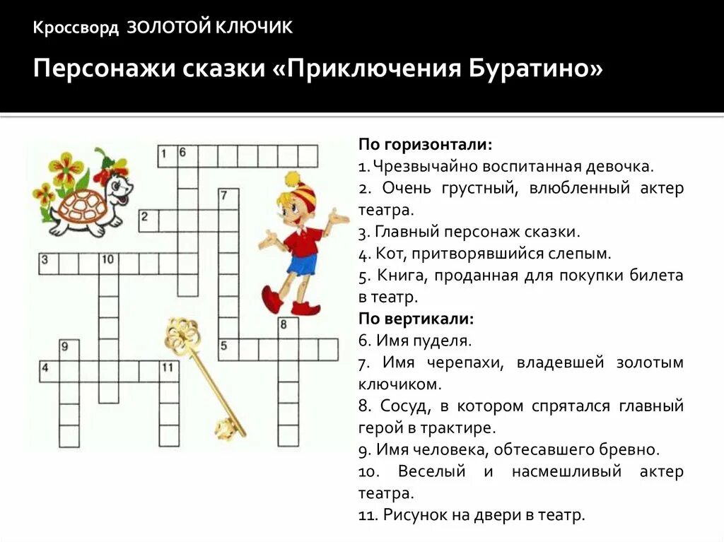 Кроссворд на тему театральные профессии 3 класс. Кроссворд золотой ключик. Детские литературные кроссворды. Кроссворд по сказке Буратино.