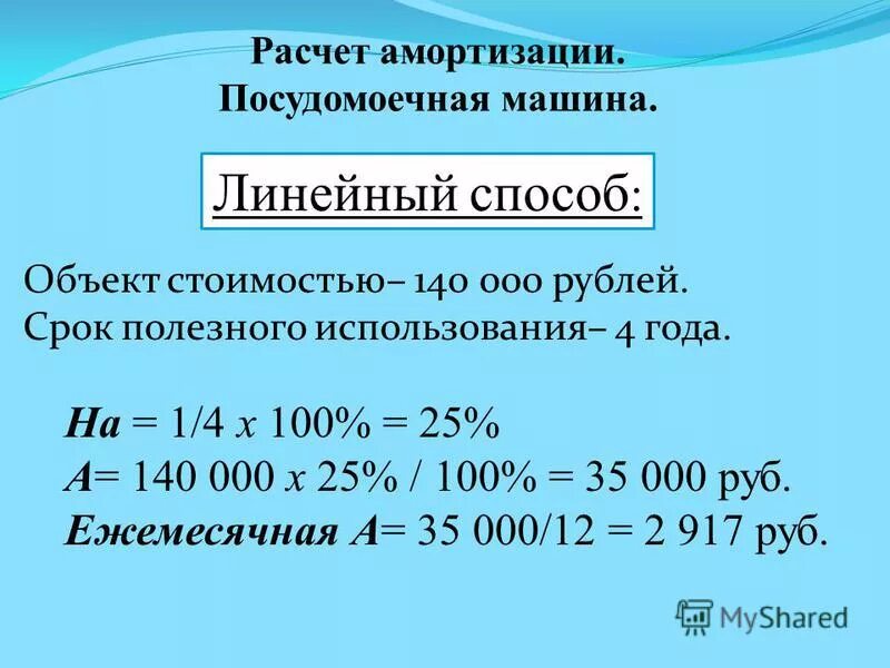 Ежемесячная сумма амортизации. Линейный метод начисления амортизации формула пример. Линейный способ амортизации основных средств формула расчета. Линейный метод расчета амортизации формула. Линейный метод начисления амортизации формула пример расчета.