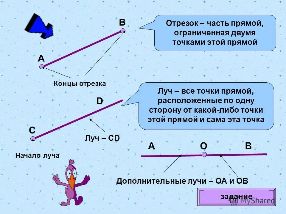 Какие доли отрезка получились. Отрезок это часть прямой ограниченная двумя. Отрезок это часть прямой ограниченная двумя точками. Точка прямая отрезок Луч. Отличие луча от отрезка и прямой.